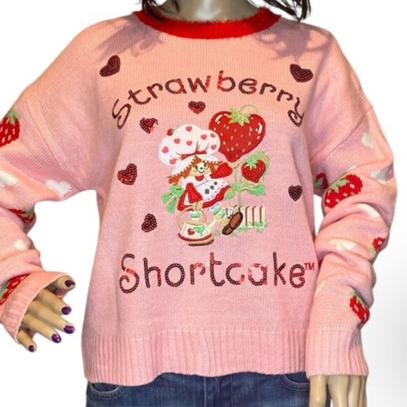 Strawberry Shortcake Fuzzy Embroidered Sequins Pink Sweater - Picture 1 of 6
